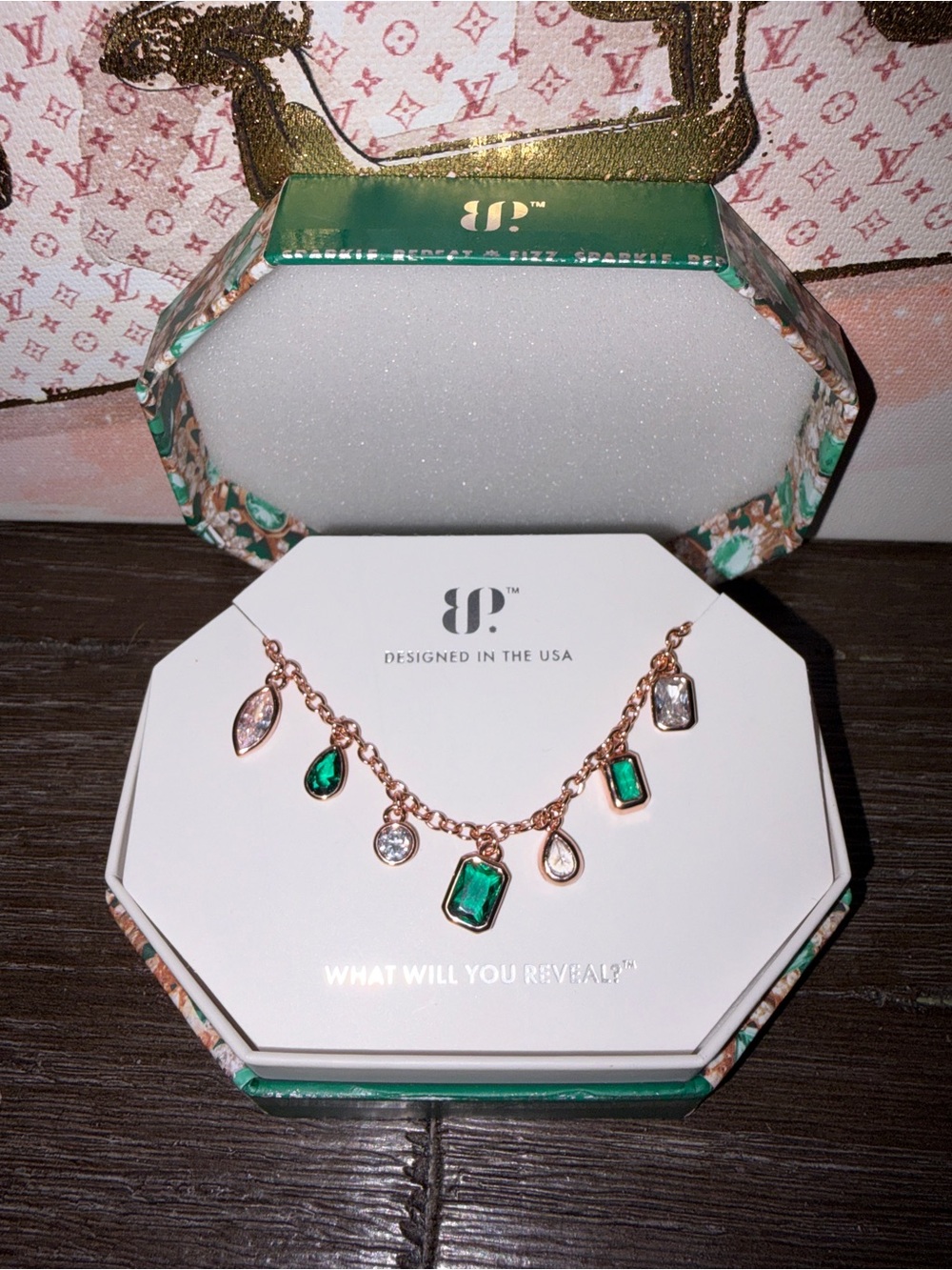 Bomb Party May 25 Birthday Necklace, Dazzling Green Goddess - Rose Gold NIB